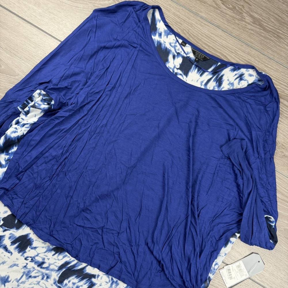 Guess Women's Boho Tie Dye Back Panel Hi Low Dolman Top‎ Blue Medium New